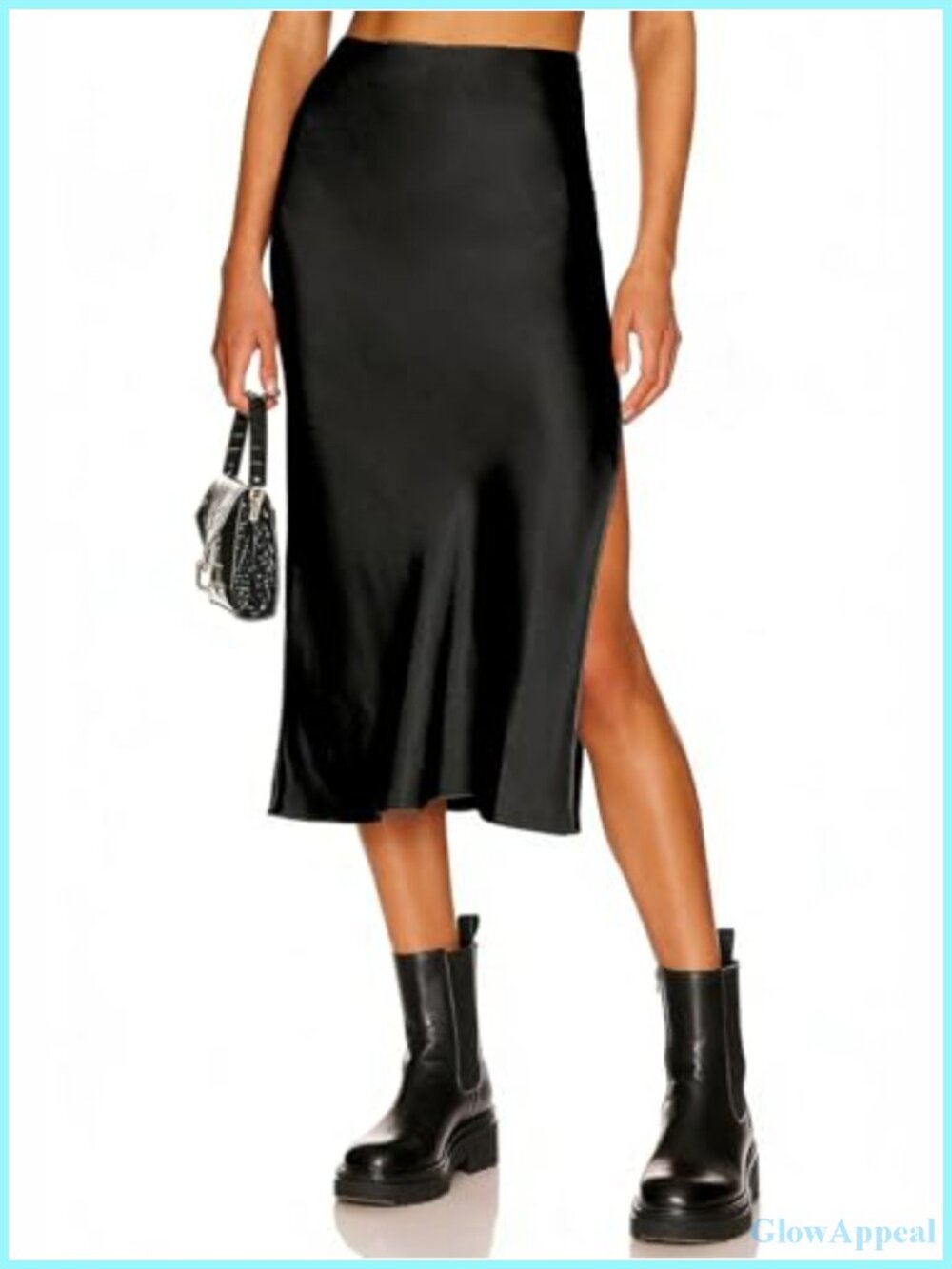 Satin Silk High Waist Slit Midi Skirt Elastic Waistband Flowy A-Line